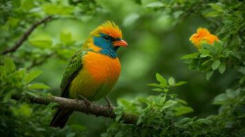 AI generated Paint a vivid picture of a rare and elusive species of bird that adds an extra layer of enchantment to the absolute green tree nature background, describing its unique photo