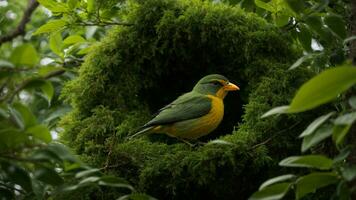 AI generated Analyze the physiological adaptations of the birds in the absolute green tree environment, focusing on aspects such as beak shape, feather structure, and nesting habits. photo