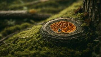 AI generated Envision the day in the life of a microscopic organism residing in the bark of one of the trees, emphasizing its role in the overall ecosystem. photo