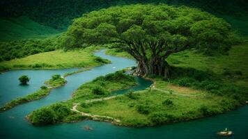 ai generado crear un detallado mapa o diagrama de el absoluto verde árbol naturaleza fondo, etiquetado llave caracteristicas tal como agua fuentes, anidamiento sitios, y migratorio rutas de el vistoso aves, pags foto