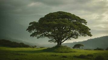 ai generado arte un narrativa acerca de el simbiótico relaciones Entre el árbol y sus rodeando ambiente, enfatizando el papel de cada elemento en mantener ecológico balance. foto