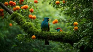 ai generado explorar el intrincado simbiótico relación Entre el absoluto verde árbol naturaleza antecedentes y el vistoso aves ese habitar él. foto