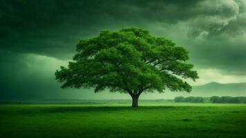 AI generated Describe a day of extreme weather in this absolute green tree nature background, exploring how the ecosystem copes with challenges such as storms, floods, or droughts. photo