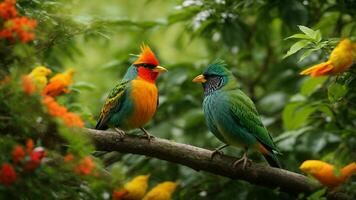 AI generated Illustrate the symbiotic relationship between a specific species of colorful bird and a rare type of tree in this lush green environment. photo