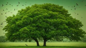 AI generated Illustrate the seasonal transformation of the absolute green tree nature background, capturing the subtle shifts in foliage colors and the migration patterns of the birds that add photo