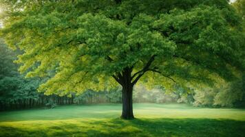 AI generated Delve into the seasonal changes that affect the absolute green tree, elucidating the nuances of its appearance during spring, summer, autumn, and winter. photo