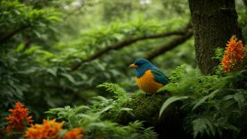 AI generated Illustrate the symbiotic relationship between a specific species of colorful bird and a rare type of tree in this lush green environment. photo