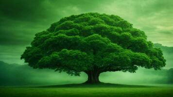 AI generated Develop a fictional ecosystem within this absolute green tree nature background, incorporating mythical or fantastical elements that challenge conventional understanding. photo