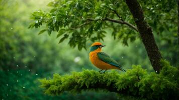 AI generated Examine the impact of climate change on the absolute green tree nature background and its cascading effects on the behavior, reproduction, and survival of the colorful birds. photo