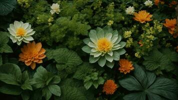 AI generated Elaborate on the specific species of flora that make up the background, highlighting their unique characteristics and contributions to the overall verdant tapestry photo