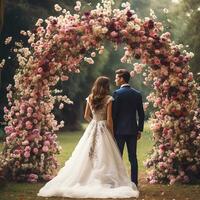 ai generado Boda ceremonia, novia y novio estar debajo un flor arco, altar. hermosa Boda en el jardín, flores foto