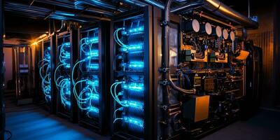 AI generated large server with blue backlight. computer technology, modern servers, information storage, cryptocurrency mining photo