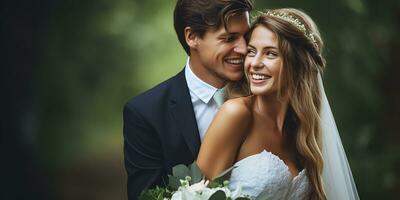 ai generado contento recién casado Pareja. novia y novio teniendo divertido a el boda, en Boda trajes. marido y esposa, Luna de miel foto