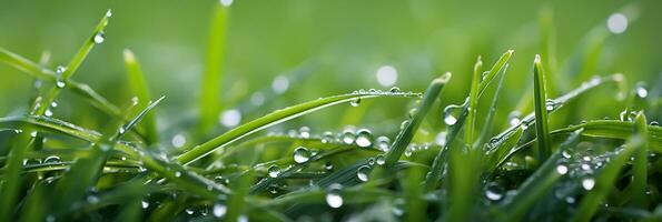 ai generado de cerca de el césped. verde césped con Rocío gotas. horizontal antecedentes foto