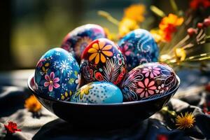 AI generated a vivid description of a photo capturing painted Easter eggs illuminated by sunlight