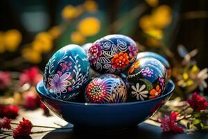 AI generated a vivid description of a photo capturing painted Easter eggs illuminated by sunlight