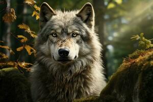 AI generated Image of a Timbler Wolf, with a woodland back ground photo