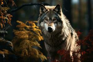 ai generado imagen de un timbre lobo, con un bosque espalda suelo foto