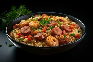 AI generated Captivating imagery of Jambalaya, a symphony of spices and ingredients ai created photo