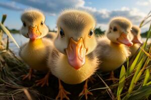 AI generated yellow ducklings peering curiously at the camera in a grassy terrain photo