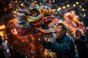 AI generated Chinese new year celebration, with Chinese peoples with Dragon costume ai created photo