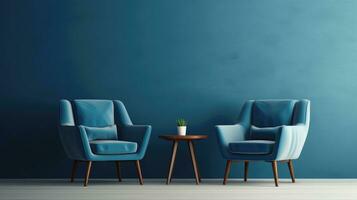 AI generated Blue cozy armchairs with pillows and a small indoor plant on a coffee table near a blue wall. AI-generated content photo