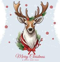 Merry Christmas And Happy New Year Card With Deer And Christmas Background vector