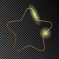 Gold glowing rounded star shape frame isolated on dark background. Shiny frame with glowing effects. Vector illustration.