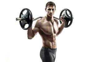 Strong man exercising fitness body building exercises with a barbell photo