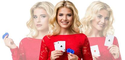 Triple image of girl in red dress. Smiling, showing two playing cards and blue chips while posing isolated on white. Collage, poker, casino. Close-up photo