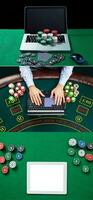 Closeup of poker player with playing cards, laptop and chips photo