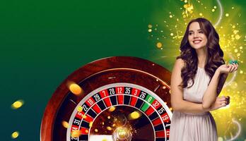 Collage of casino images with roulette and woman with chips in hands photo