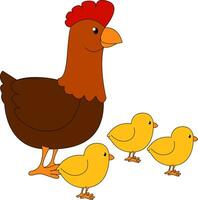 Clipart of the cute little chickens grazing along with the mommy hen, vector or color illustration