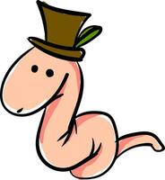 Drawing of a worm in a brown hat, vector or color illustration