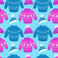 Vector pattern with winter clothes. Children's warm winter clothes for walking. Knitted hat, scarf, sweater and gloves with jacquard pattern and pom poms. A vector set of bright colors.