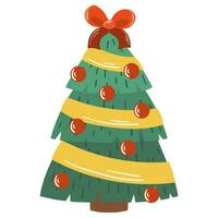 Christmas tree. Decorated pine and fir with light garland, balls and ribbons. vector