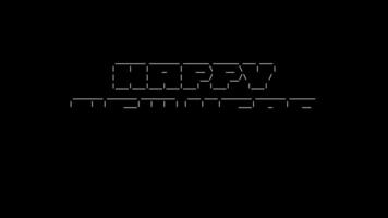 feliz Novo ano 2024 ascii animação ciclo em Preto fundo. ascii código arte símbolos máquina de escrever dentro e Fora efeito com em loop movimento. video