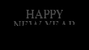 glücklich Neu Jahr 2024 ASCII Animation Schleife auf schwarz Hintergrund. ASCII Code Kunst Symbole Schreibmaschine im und aus bewirken mit geloopt Bewegung. video