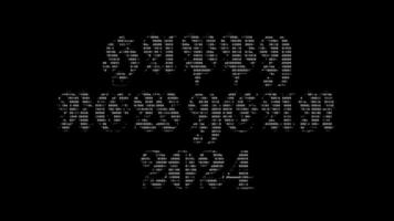 glücklich Neu Jahr 2024 ASCII Animation Schleife auf schwarz Hintergrund. ASCII Code Kunst Symbole Schreibmaschine im und aus bewirken mit geloopt Bewegung. video