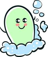 Emoji of the drawing of a cute soap enjoying the water while making bubbles or foams, vector or color illustration