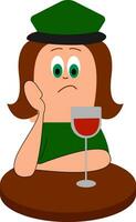 Emoji of a sad girl sitting in front of the table displaying red cocktail, vector or color illustration