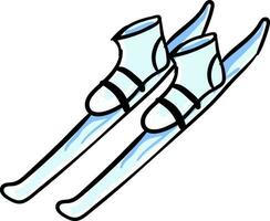 Cartoon of a pair of shoes fastened to the skis over white background, vector or color illustration