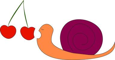 Cartoon cute picture of a snail eating the hanging cherry fruits, vector or color illustration