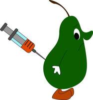 Cute cartoon picture of the green pear injected with the medical syringe needle at its back, vector or color illustration