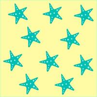 Regular pattern or texture of blue starfish over yellow background, vector or color illustration