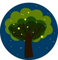 Portrait of the sticker tree at night over blue background, vector or color illustration