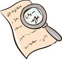 Clipart of a paper with writings enlarged by a magnifying glass , vector or color illustration