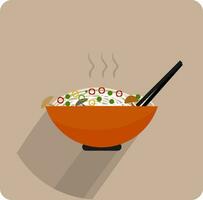 Portrait of the hot steaming pasta cooked with vegetables, vector or color illustration