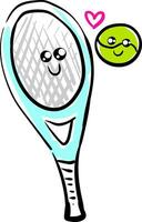 Clipart of the tennis ball and racket in love viewed from the front, vector or color illustration