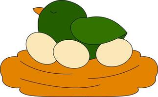 Clipart of a cute little green chicken resting on a nest with three eggs, vector or color illustration